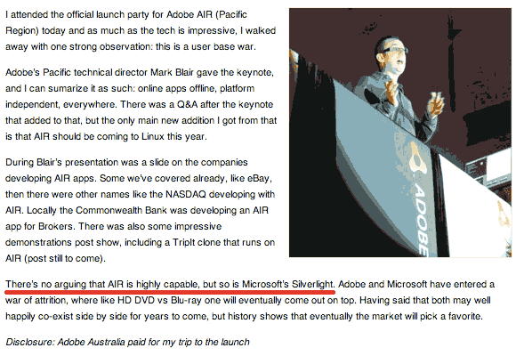Techcrunch's wrong interpretation on comparing Adobe AIR to Microsoft Silverlight)