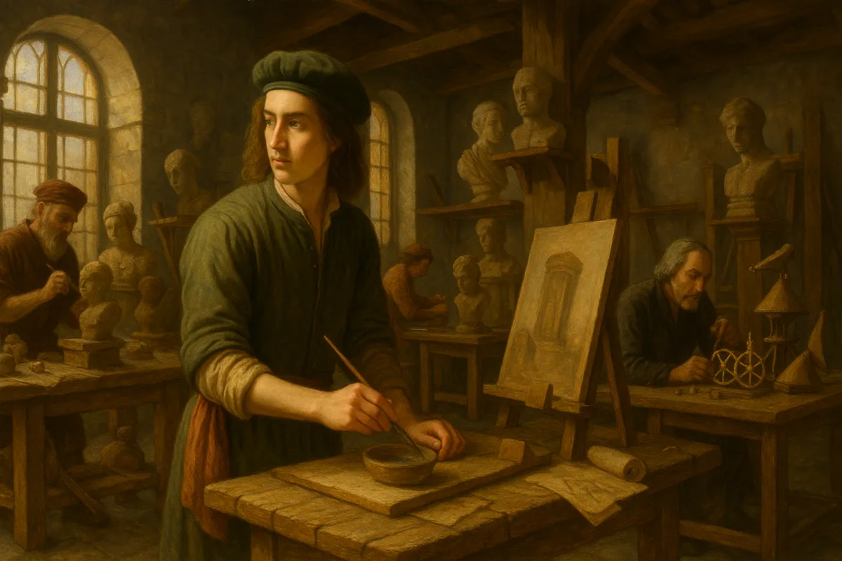 A young Leonardo da Vinci as an apprentice.